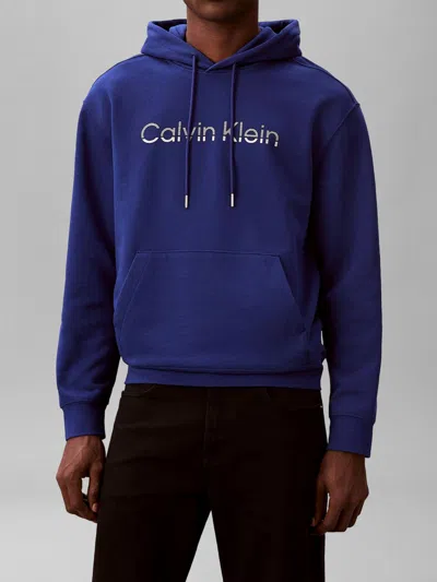 Calvin Klein Terry Hooded Sweatshirt Drawstring Hood Kangaroo Pocket In Blue