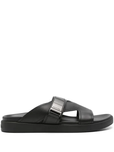 Calvin Klein Iconic Logo-buckle Slides In Black