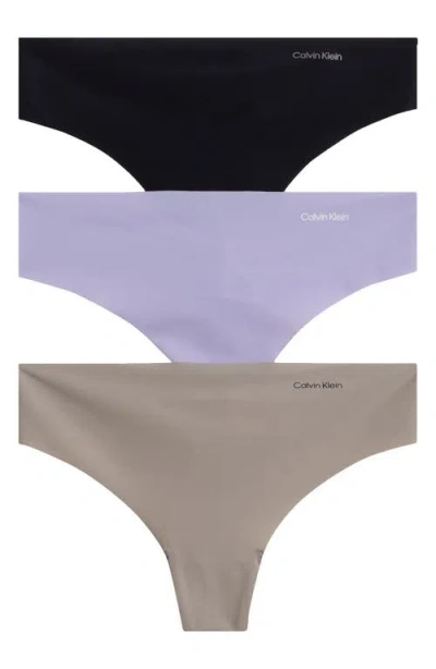 Calvin Klein Invisibles 3-pack Thongs In Walnut/black/cinder