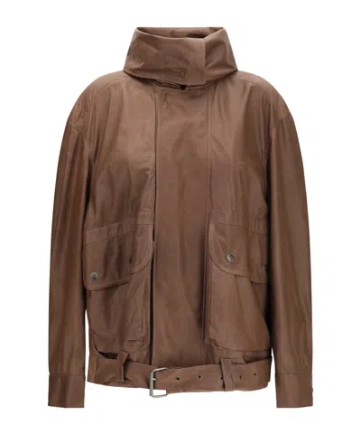 Calvin Klein Isa Belted High Collar Leather Jacket In Brown