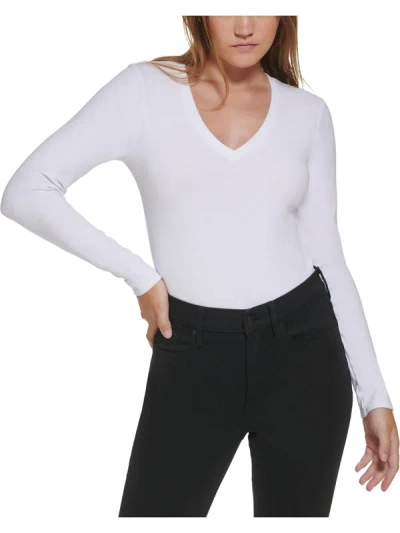 Calvin Klein Jeans Est.1978 Petites Womens V Neck Long Sleeve Bodysuit In White