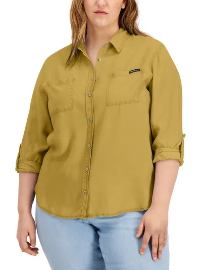 Calvin Klein Jeans Est.1978 Plus Womens Collar Trendy Button-down Top In Yellow