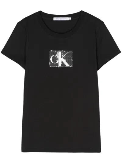 Calvin Klein Jeans Est.1978 Sequin-detailed Logo-print T-shirt In Schwarz