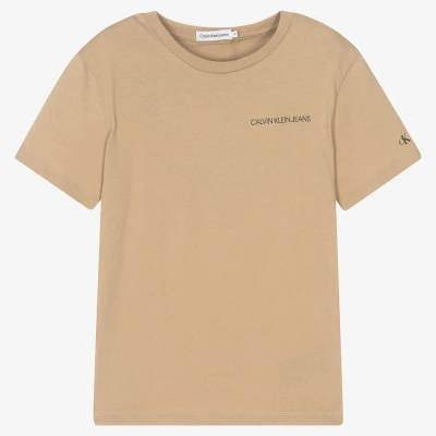 Calvin Klein Jeans Est.1978 Teen Boys Beige Logo T-shirt In Brown