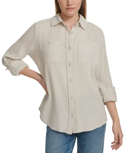 Calvin Klein Jeans Est.1978 Women's Double-crepe Button-down Roll-tab-sleeve Shirt In Birch