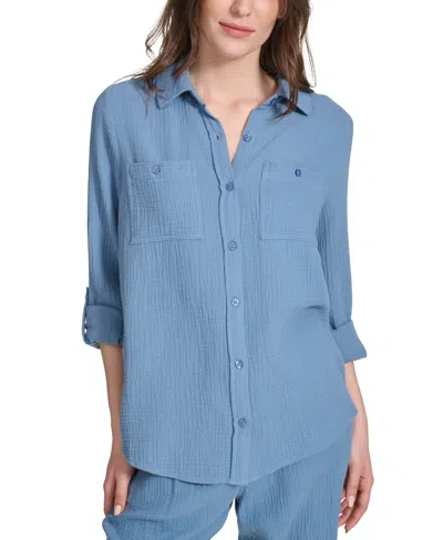 Calvin Klein Jeans Est.1978 Women's Double-crepe Button-down Roll-tab-sleeve Shirt In Stormy Blue