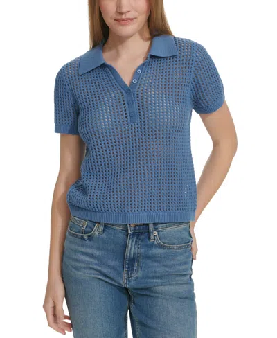 Calvin Klein Jeans Est.1978 Women's Open-stitch Short-sleeve Polo Top In Stormy Blue
