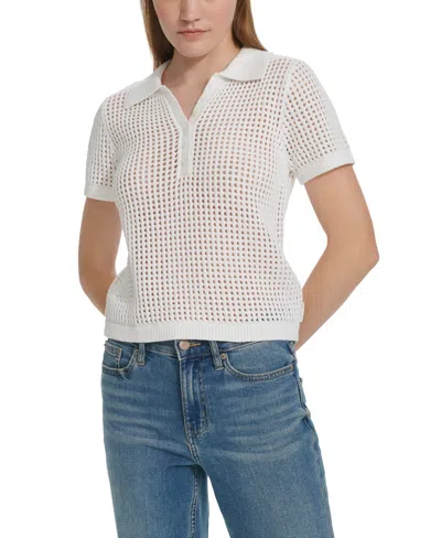 Calvin Klein Jeans Est.1978 Women's Open-stitch Short-sleeve Polo Top In White