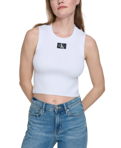 Calvin Klein Jeans Est.1978 Women's Ribbed Angled-hem Cropped Logo Top In White