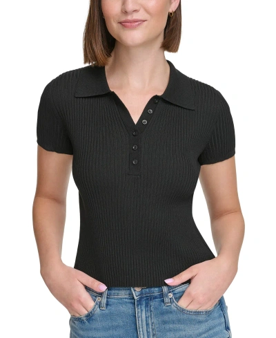 Calvin Klein Jeans Est.1978 Women's Ribbed Quarter-button Polo Shirt In Black