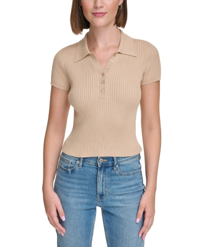 Calvin Klein Jeans Est.1978 Women's Ribbed Quarter-button Polo Shirt In Wheat