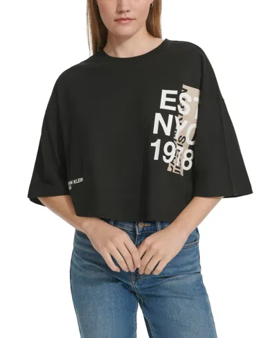 Calvin Klein Jeans Est.1978 Women's Vertical-logo Cropped T-shirt In Blk Wht