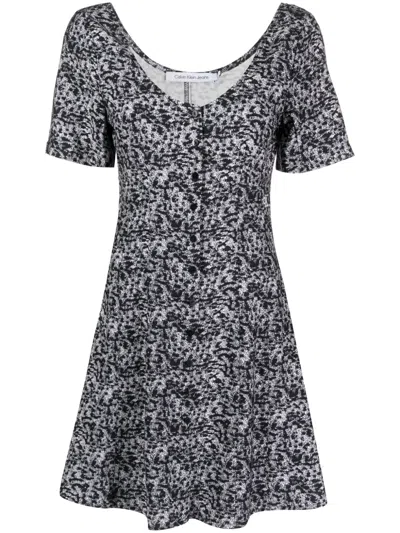 Calvin Klein Jeans Est.1978 Abstract-print Buttoned-up Minidress In Black