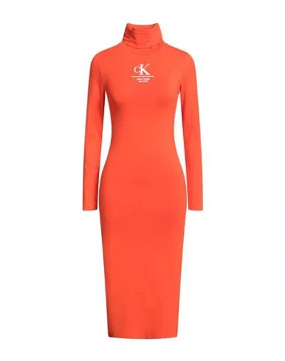 Calvin Klein Jeans Est.1978 Calvin Klein Jeans Woman Midi Dress Orange Size L Cotton, Elastane