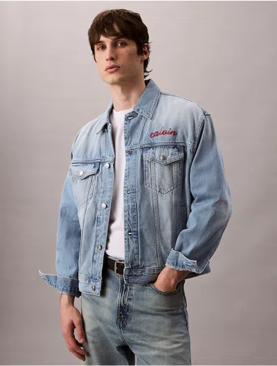 Calvin Klein Jeans Est.1978 Calvin Klein Men's Logo Embroidery 90s Trucker Jacket In Blue
