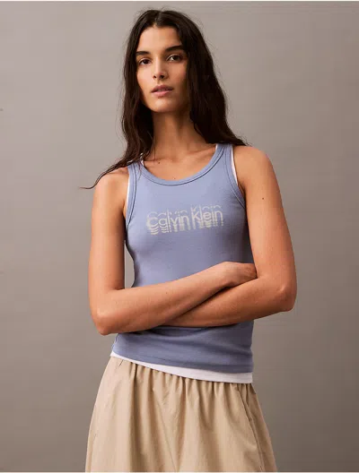 Calvin Klein Jeans Est.1978 Calvin Klein Women's Cotton Contour Rib Logo Graphic Tank In Blue