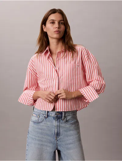 Calvin Klein Jeans Est.1978 Calvin Klein Women's Cotton Poplin Cropped Boxy Button-down Shirt In Stripe Porcelain Rose