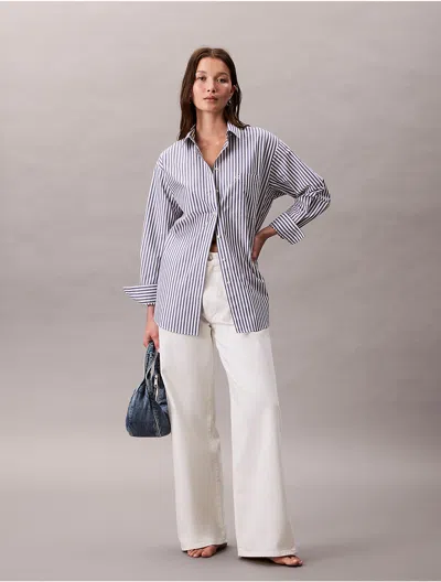 Calvin Klein Jeans Est.1978 Calvin Klein Women's Cotton Poplin Stripe Relaxed Button-down Shirt In Blue