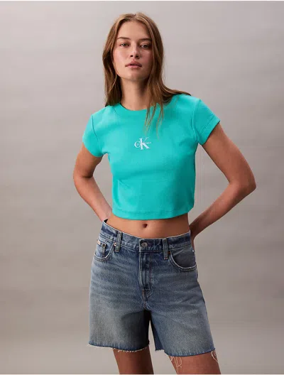 Calvin Klein Jeans Est.1978 Calvin Klein Women's Monogram Logo Ribbed Baby Tee In Green