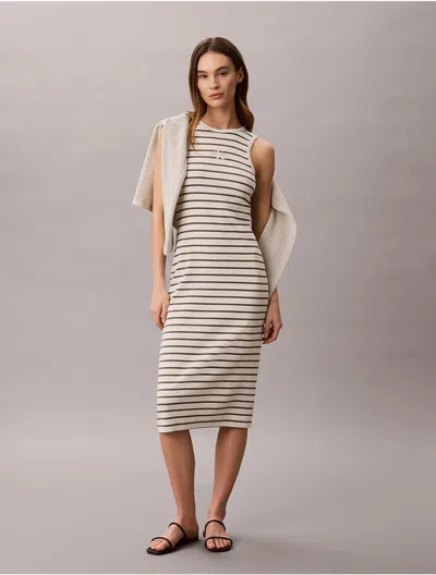 Calvin Klein Jeans Est.1978 Calvin Klein Women's Monologo Rib Stripe Midi Dress In Tofu High Sea Stripe