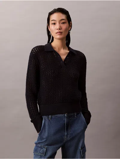 Calvin Klein Jeans Est.1978 Calvin Klein Women's Open Stitch Polo Sweater In Black