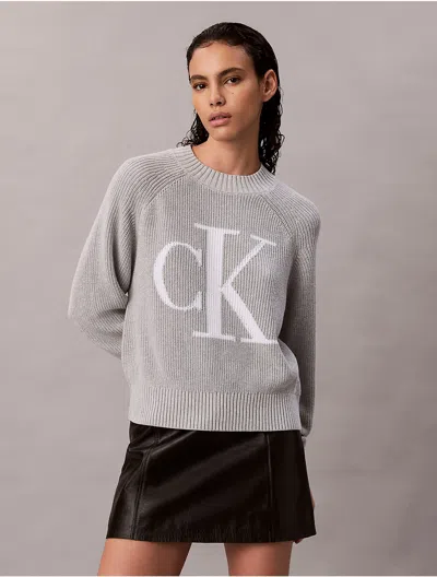 Calvin Klein Jeans Est.1978 Calvin Klein Women's Smooth Cotton Monogram Logo Ribbed Classic Sweater In Gray
