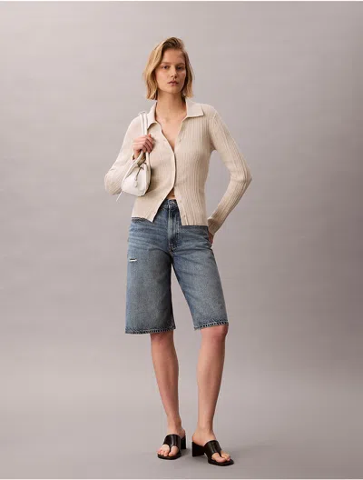 Calvin Klein Jeans Est.1978 Calvin Klein Women's Smooth Cotton Rib Polo Cardigan In Gray