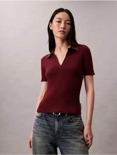 Calvin Klein Jeans Est.1978 Calvin Klein Women's Smooth Cotton Rib Sweater Polo In Burgundy