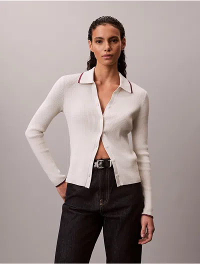 Calvin Klein Jeans Est.1978 Calvin Klein Women's Smooth Cotton Rib Tipped Polo Cardigan In White