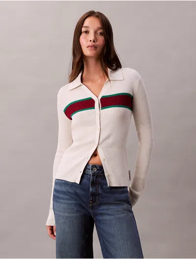 Calvin Klein Jeans Est.1978 Calvin Klein Women's Smooth Cotton Stripe Ribbed Polo Cardigan In White