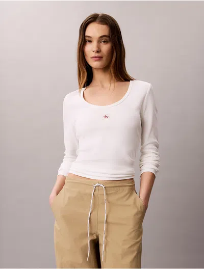 Calvin Klein Jeans Est.1978 Calvin Klein Women's Woven Monologo Rib Scoop Neck T-shirt In Bright White