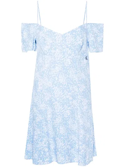 Calvin Klein Jeans Est.1978 Floral-print Cold-shoulder Minidress In Blue