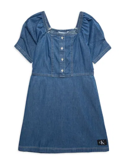 Calvin Klein Jeans Est.1978 Kids' Girl's Squareneck Denim Dress In Blue