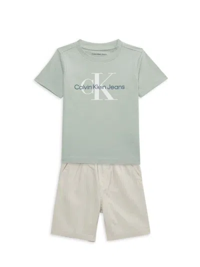 Calvin Klein Jeans Est.1978 Kids' Little Boy's 2-piece Logo Tee & Shorts Set In Green Multi