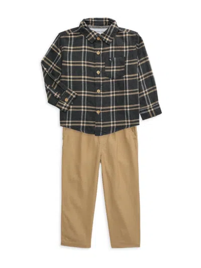 Calvin Klein Jeans Est.1978 Kids' Little Boy's 2-piece Plaid Shirt & Flat Front Pant Set In Beige Multi