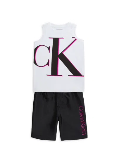 Calvin Klein Jeans Est.1978 Kids' Little Boy's 2-piece Tank Top & Swim Shorts Set In White Black