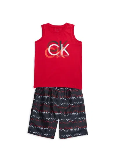 Calvin Klein Jeans Est.1978 Kids' Little Boy's 2-piece Tank Top & Swim Shorts Set In Red Brown