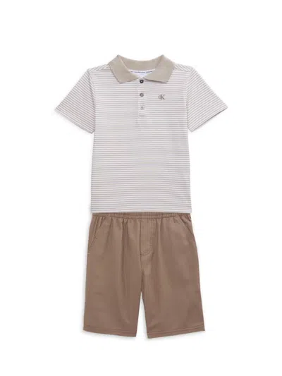 Calvin Klein Jeans Est.1978 Kids' Little Boys 2-piece Striped Polo & Shorts Set In Beige Brown