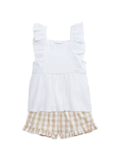 Calvin Klein Jeans Est.1978 Babies' Little Girl's 2-piece Smocked Dress & Checked Shorts Set In White Beige