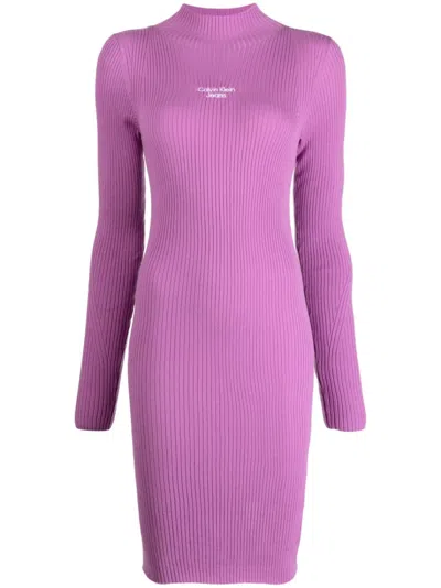 Calvin Klein Jeans Est.1978 Embroidered-logo Knit Dress In Purple