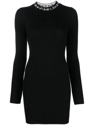 Calvin Klein Jeans Est.1978 Logo-intarsia Ribbed-knit Dress In Black