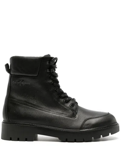 Calvin Klein Jeans Est.1978 Logo-patch Leather Ankle Boot In Black