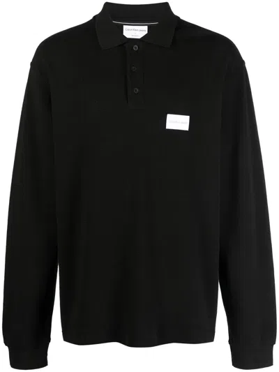 Calvin Klein Jeans Est.1978 Logo-patch Long-sleeve Polo Top In Black