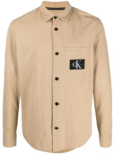 Calvin Klein Jeans Est.1978 Logo-patch Textured-cotton Shirt In Neutrals
