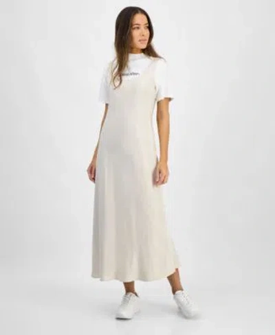 Calvin Klein Jeans Est.1978 Logo T Shirt Twill Slip Dress In Oatmeal