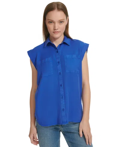 Calvin Klein Jeans Est.1978 Petite Button-front Cap-sleeve Shirt In Dazzling Blue