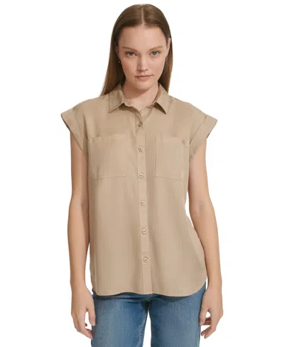 Calvin Klein Jeans Est.1978 Petite Button-front Cap-sleeve Shirt In Suede