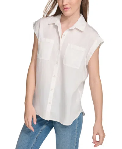 Calvin Klein Jeans Est.1978 Petite Button-front Cap-sleeve Shirt In White