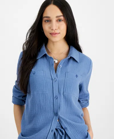 Calvin Klein Jeans Est.1978 Petite Cotton Button-front Roll-sleeve Shirt In Stormy Blue