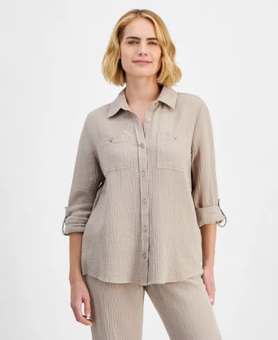 Calvin Klein Jeans Est.1978 Petite Cotton Button-front Roll-sleeve Shirt In Suede
